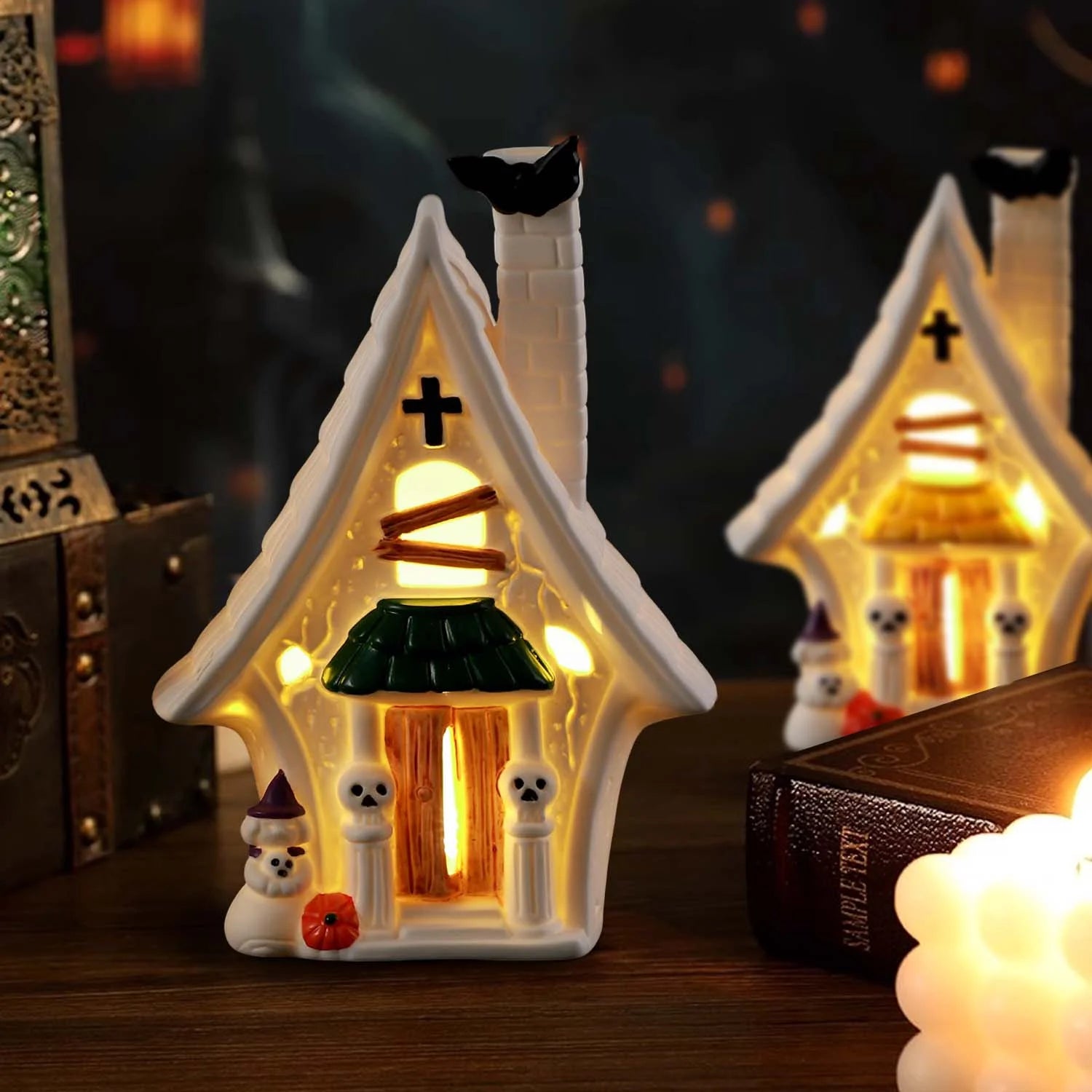 2 Pcs Halloween Village Houses, Haunted House Decor for Halloween Decorations Indoor, Light Up Halloween Village Sets