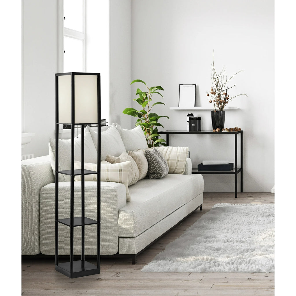 62" Plastic Black Shelf Floor Lamp, Sustainable White Fabric Shade ,Modern Design, New Condition, Adult and Dorm Room Use