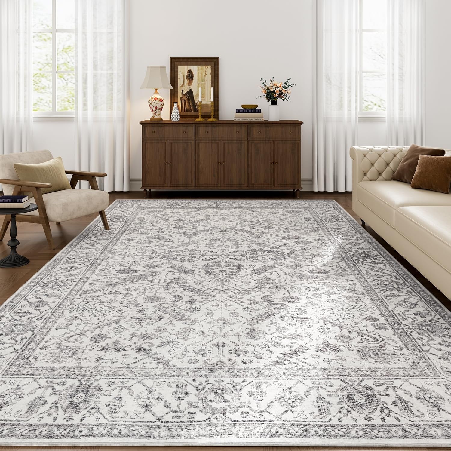8'x10' Area Rugs for Living Room Washable Rugs Carpet Vintage Traditional Rugs for Bedroom Dinning Room Office Soft Non Slip Large Area Rug Retro Home Decor Light Gray