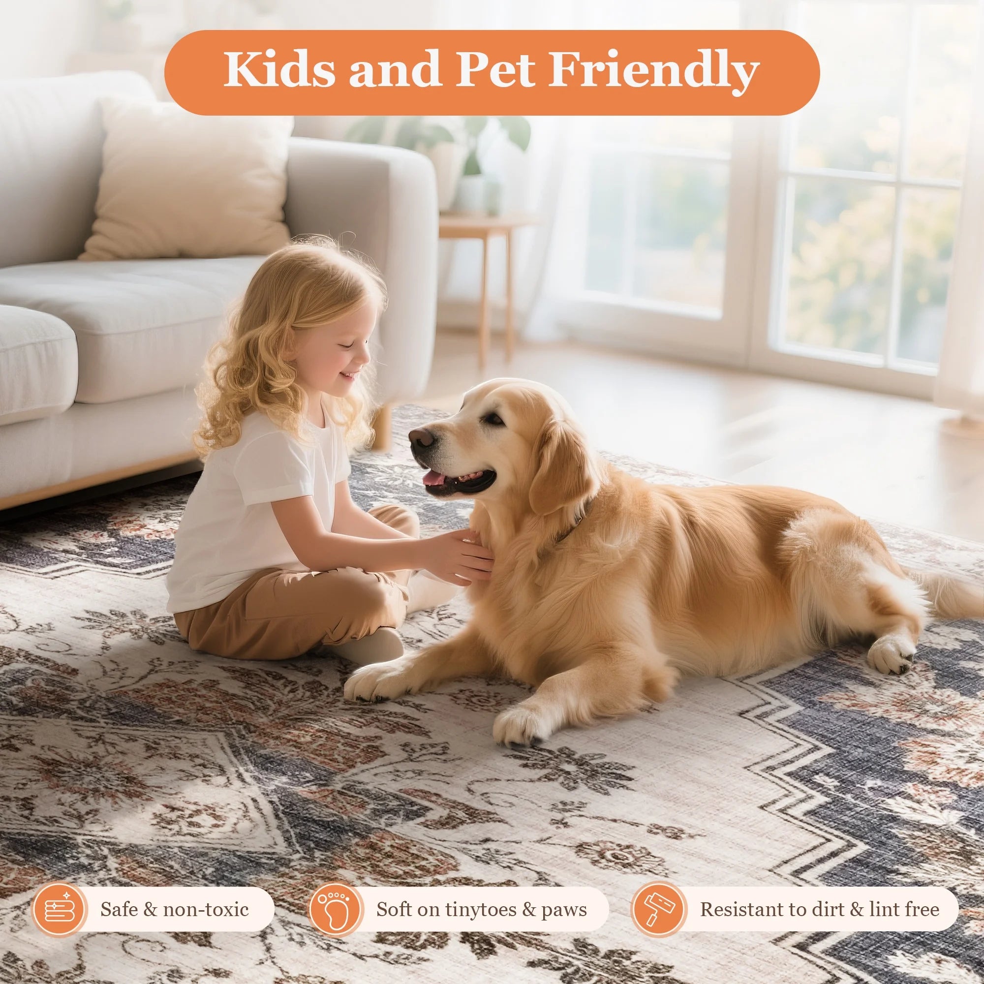 Carpet 8'x10' Area Rugs for Living Room and Bedroom,Washable Large Rugs - with Sewing Anti slip Stickers Floral Vintage for Bohemian