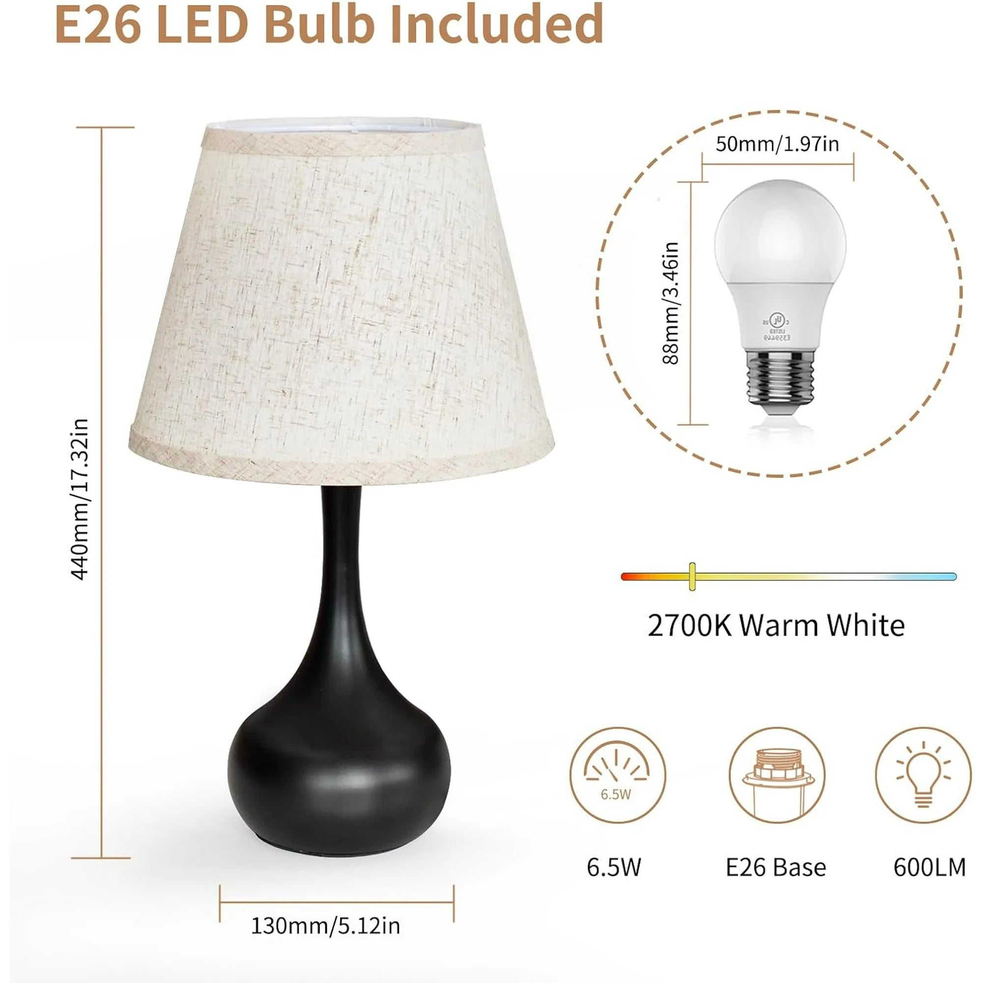 16.54" Touch Bedside Lamp for Bedroom 3-Way Dimmable Table Lamps for Living Room Small Nightstand Lamps with Free 2700K LED Bulbs