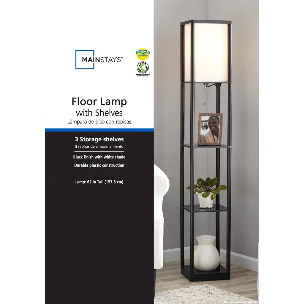 62" Plastic Black Shelf Floor Lamp, Sustainable White Fabric Shade ,Modern Design, New Condition, Adult and Dorm Room Use