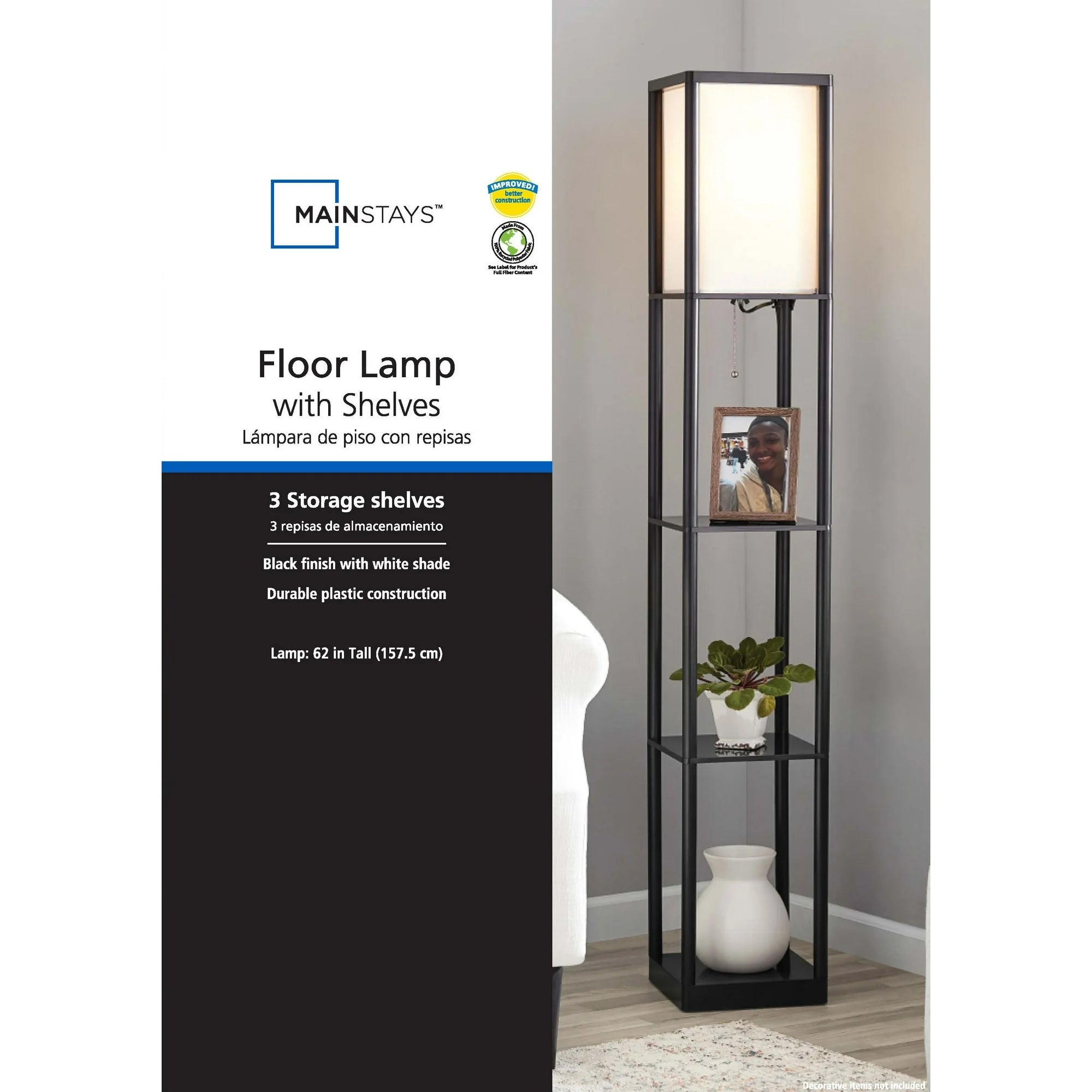 62" Plastic Black Shelf Floor Lamp, Sustainable White Fabric Shade ,Modern Design, New Condition, Adult and Dorm Room Use