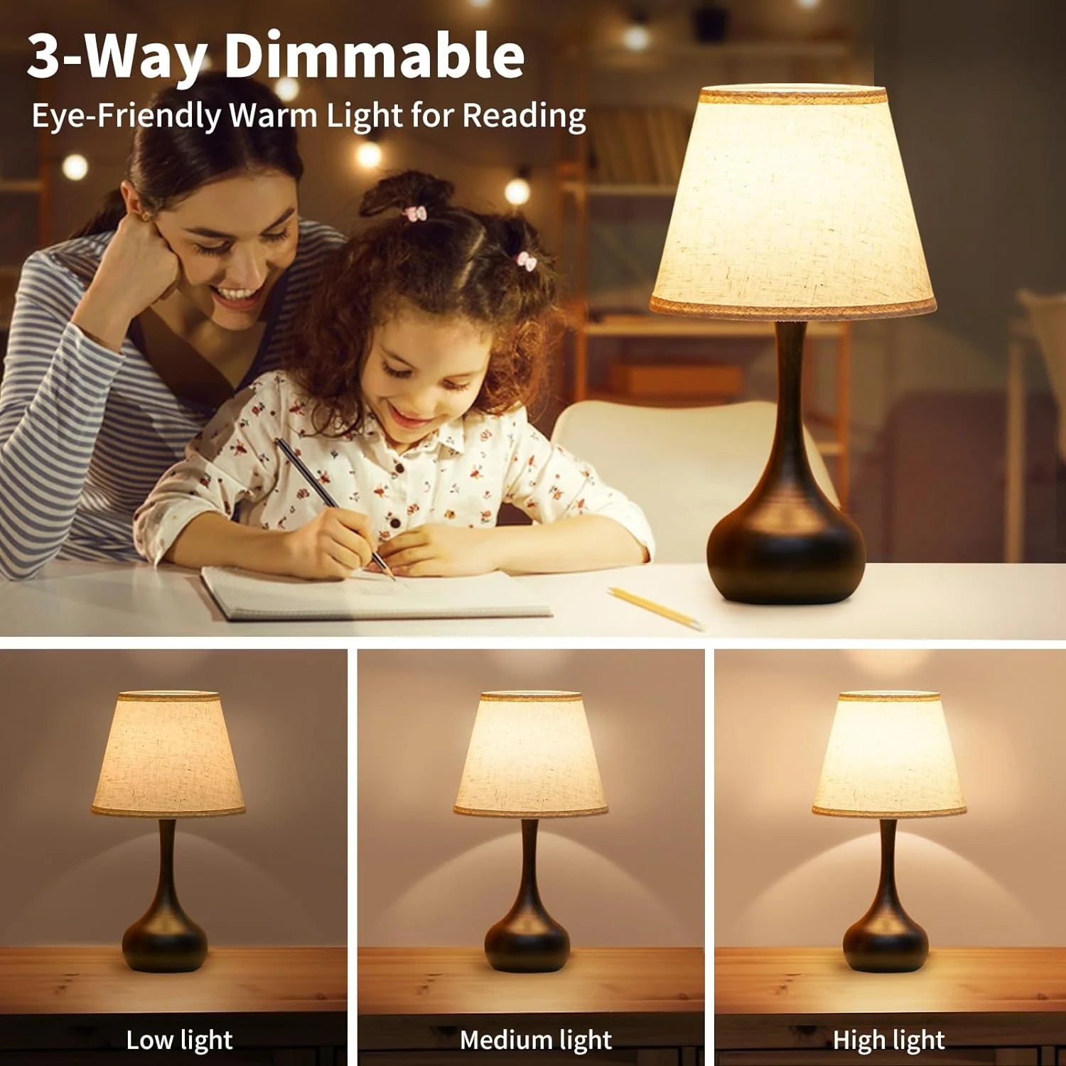 16.54" Touch Bedside Lamp for Bedroom 3-Way Dimmable Table Lamps for Living Room Small Nightstand Lamps with Free 2700K LED Bulbs