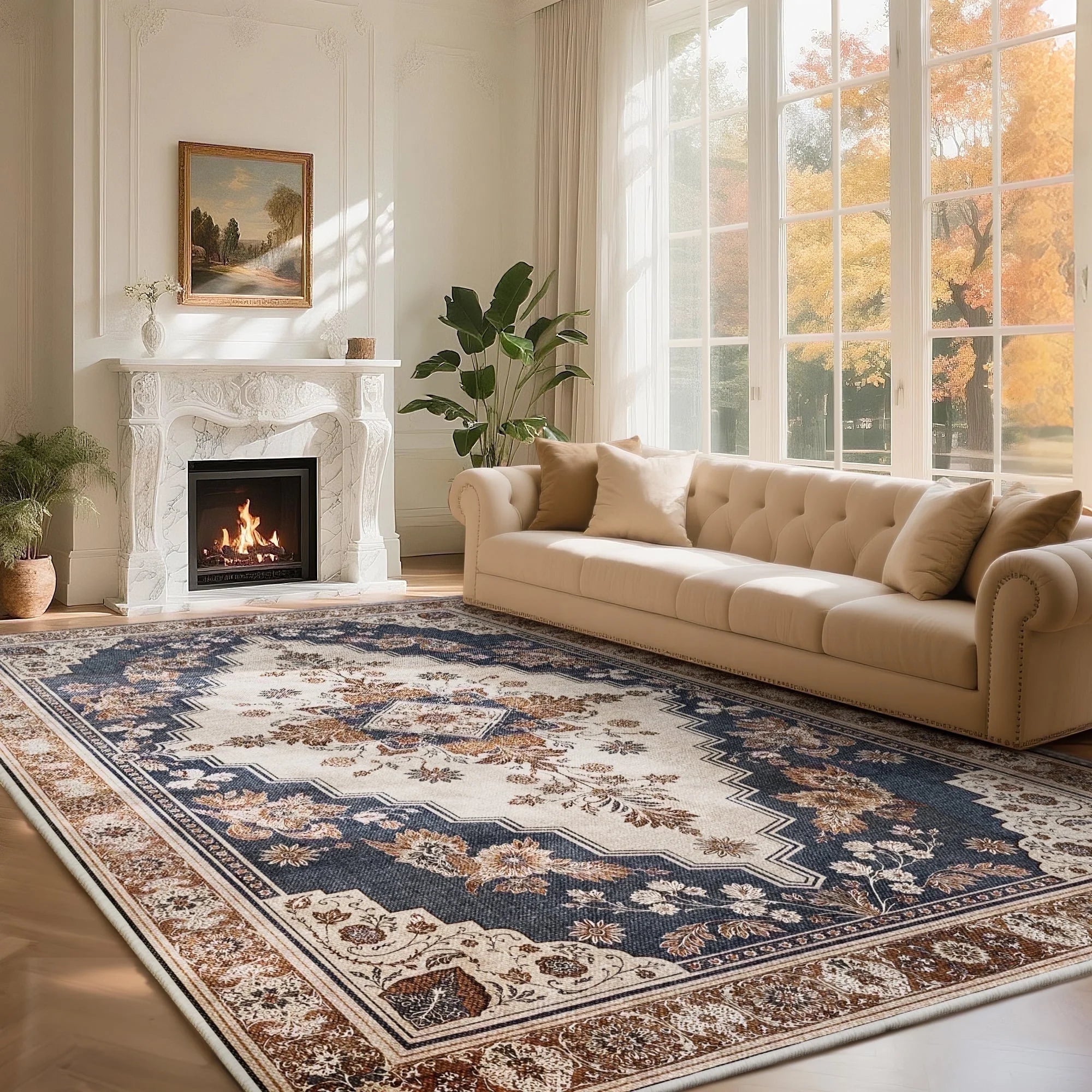 Carpet 8'x10' Area Rugs for Living Room and Bedroom,Washable Large Rugs - with Sewing Anti slip Stickers Floral Vintage for Bohemian