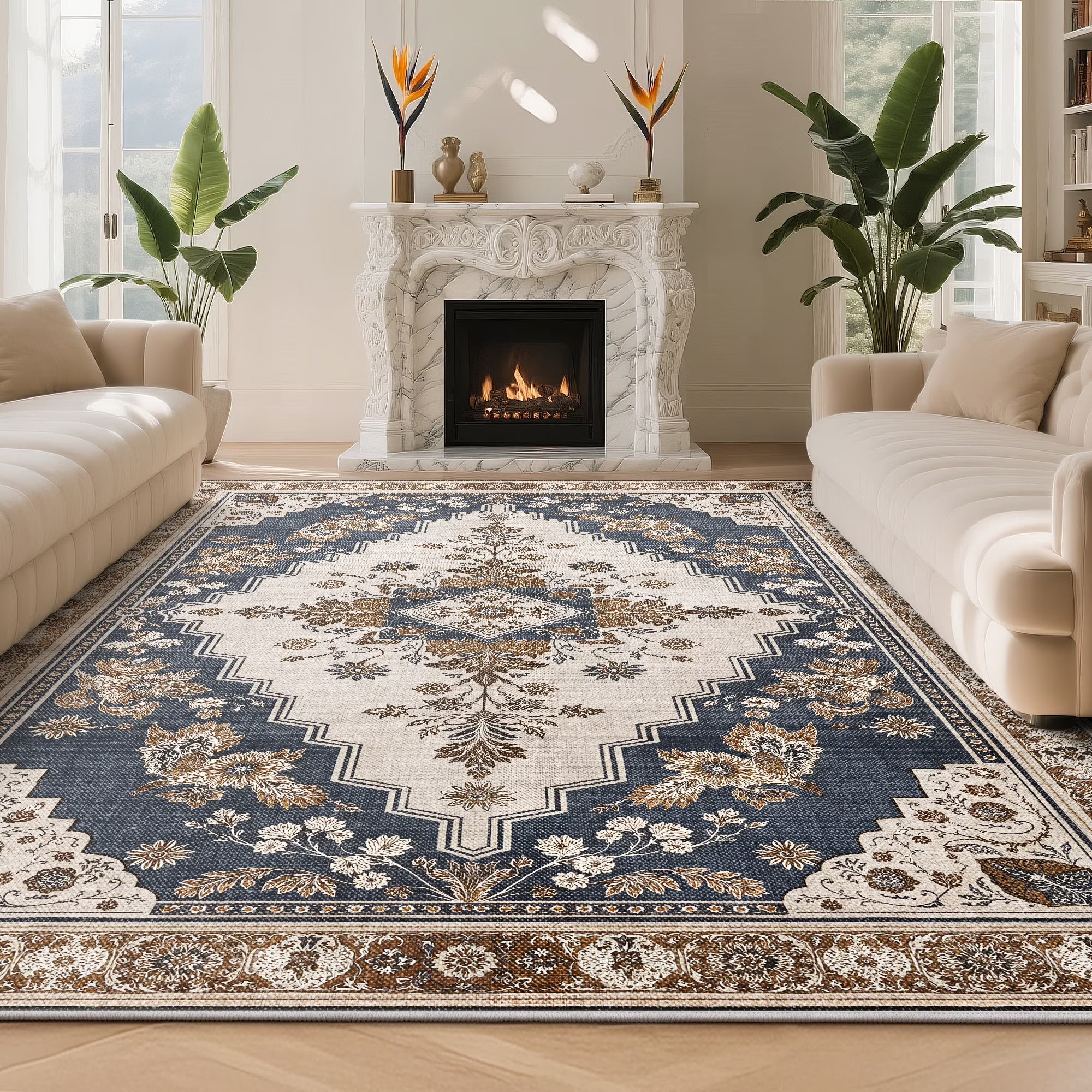 Carpet 8'x10' Area Rugs for Living Room and Bedroom,Washable Large Rugs - with Sewing Anti slip Stickers Floral Vintage for Bohemian