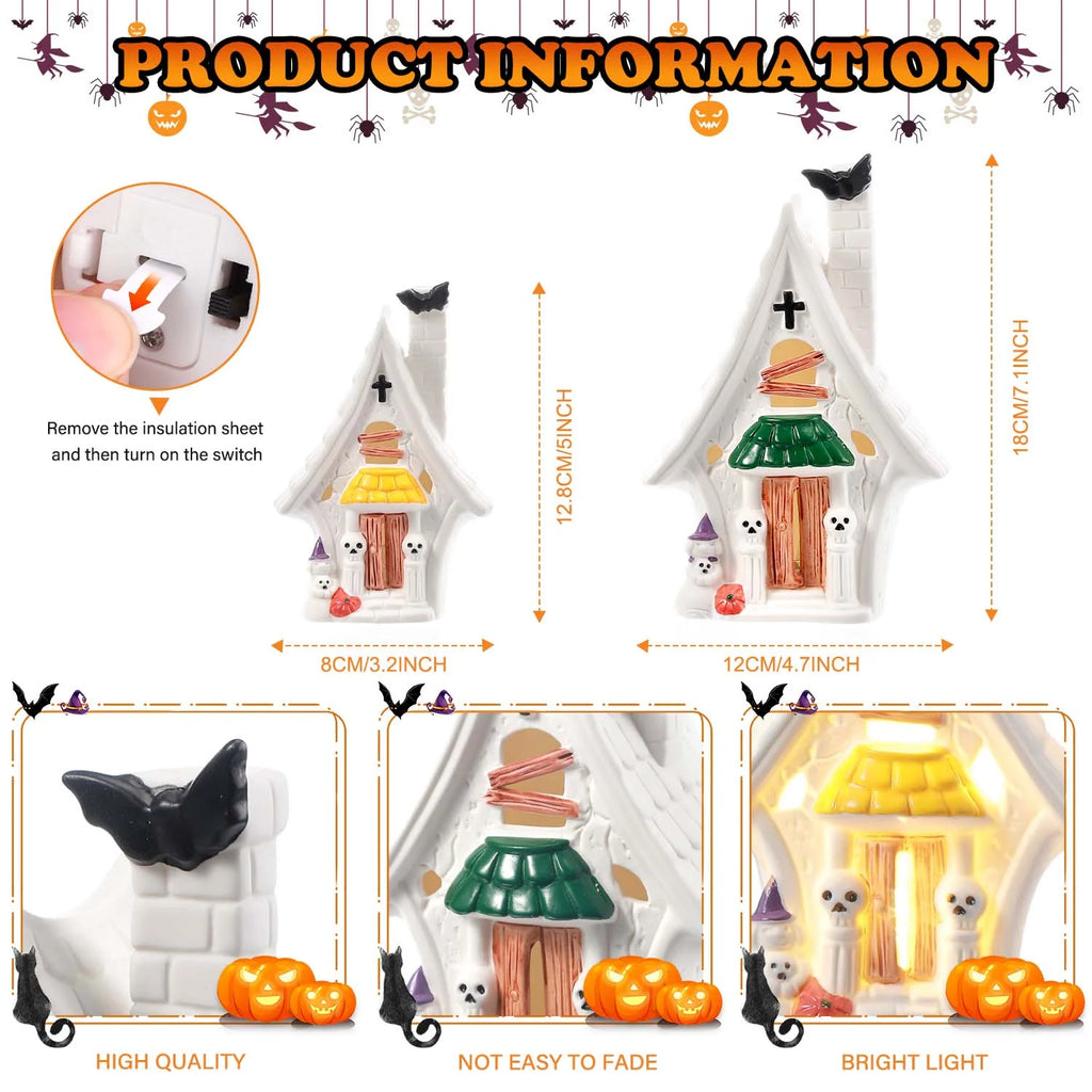 2 Pcs Halloween Village Houses, Haunted House Decor for Halloween Decorations Indoor, Light Up Halloween Village Sets