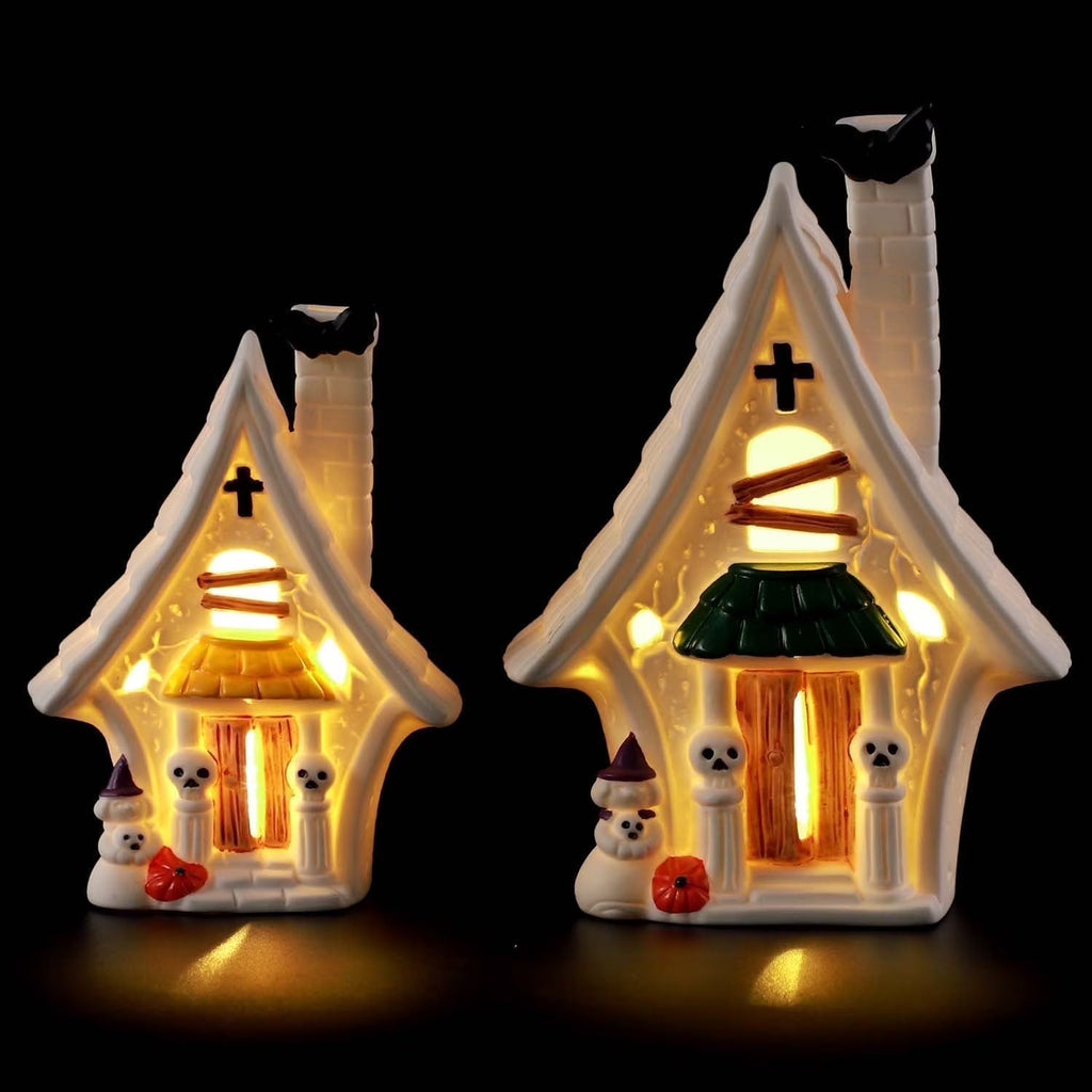 2 Pcs Halloween Village Houses, Haunted House Decor for Halloween Decorations Indoor, Light Up Halloween Village Sets