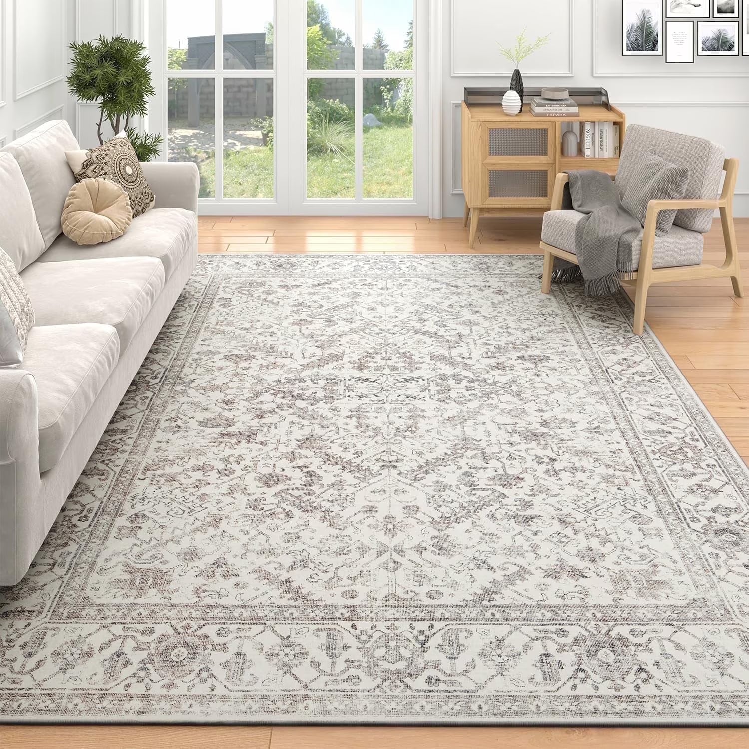 8'x10' Area Rugs for Living Room Washable Rugs Carpet Vintage Traditional Rugs for Bedroom Dinning Room Office Soft Non Slip Large Area Rug Retro Home Decor Light Gray