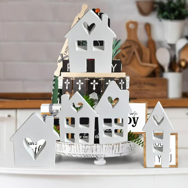 White Village Houses Wooden Farmhouse Decorations Home Sweet Tabletop Decor Sign For Welcome Centerpieces House Warming New Home Couple,Five Wooden House Ornaments In One Set