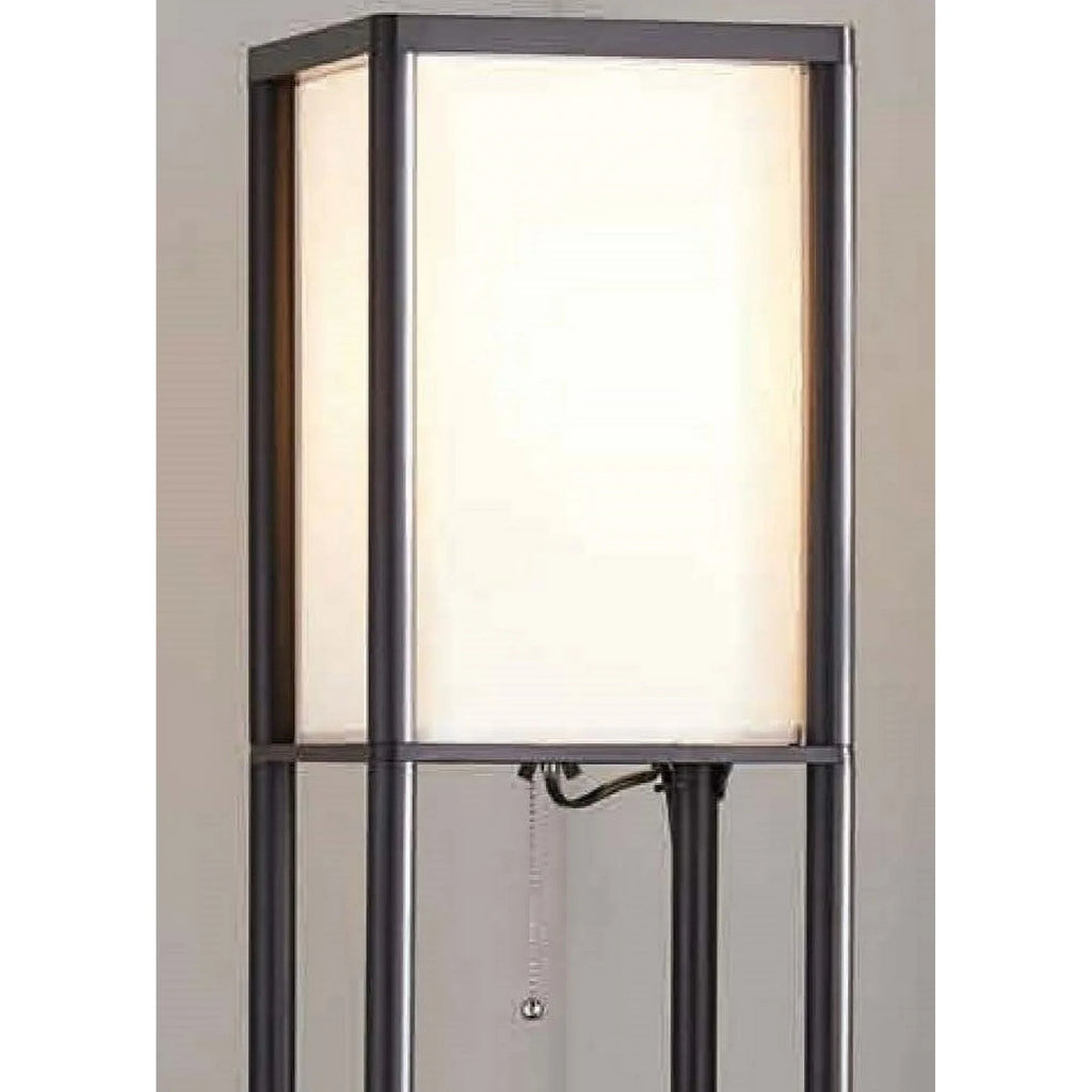 62" Plastic Black Shelf Floor Lamp, Sustainable White Fabric Shade ,Modern Design, New Condition, Adult and Dorm Room Use