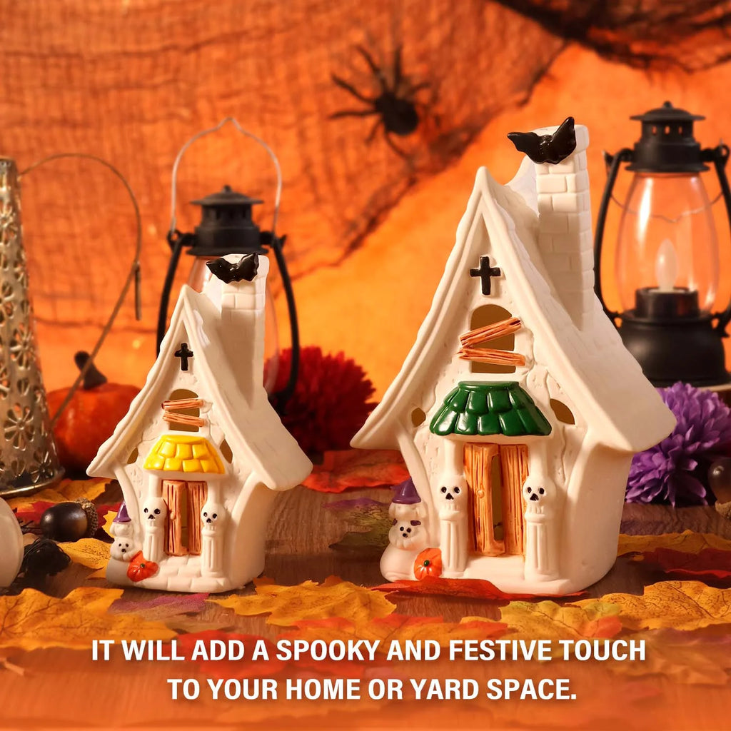 2 Pcs Halloween Village Houses, Haunted House Decor for Halloween Decorations Indoor, Light Up Halloween Village Sets