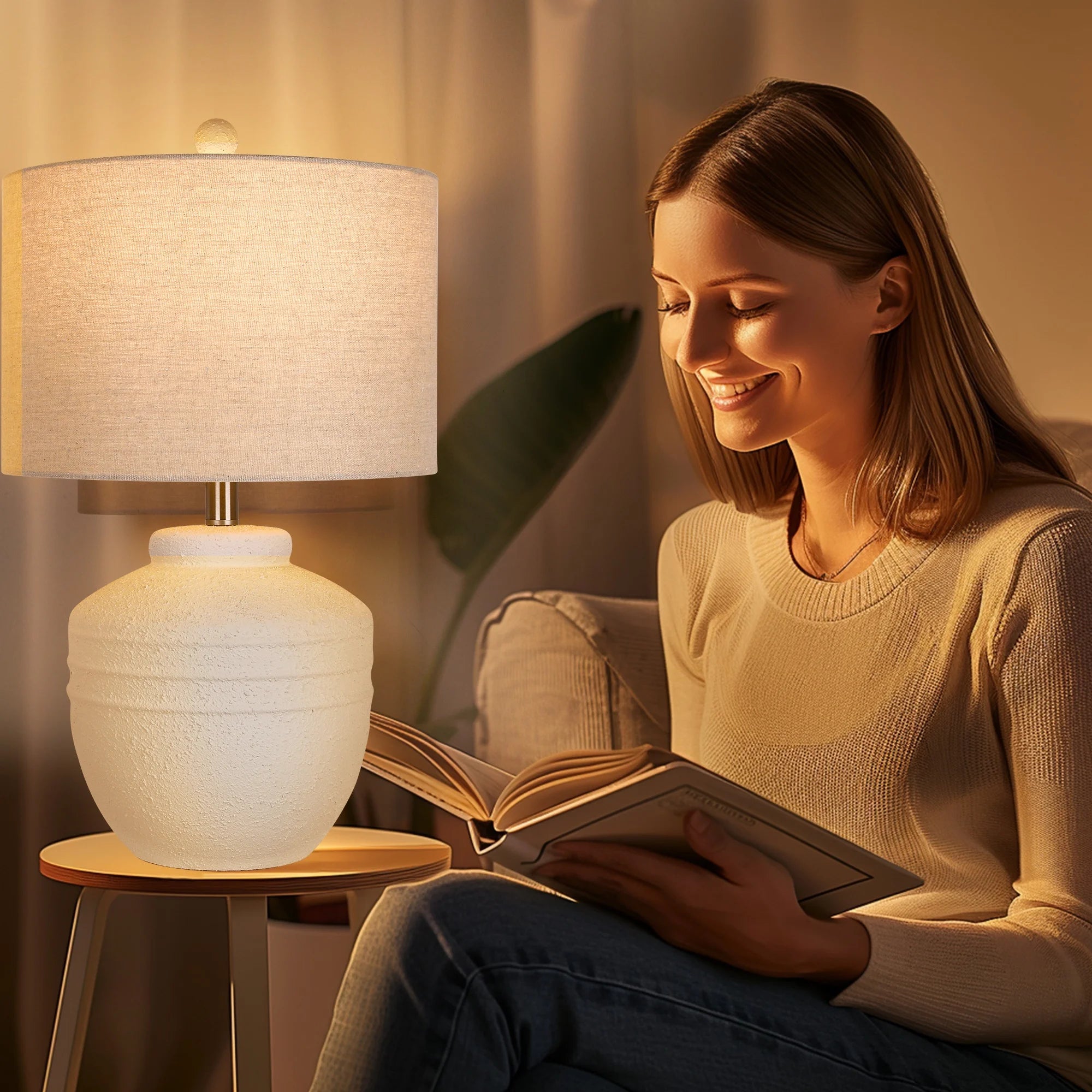 22in Farmhouse Jar Table Lamp, Rotary Switch Rustic Bedside Lamp Pot Nightstand Lamp for Home Deco