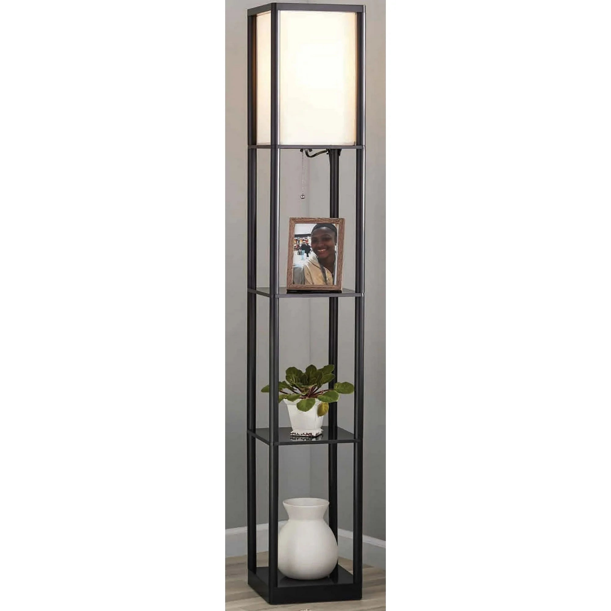 62" Plastic Black Shelf Floor Lamp, Sustainable White Fabric Shade ,Modern Design, New Condition, Adult and Dorm Room Use