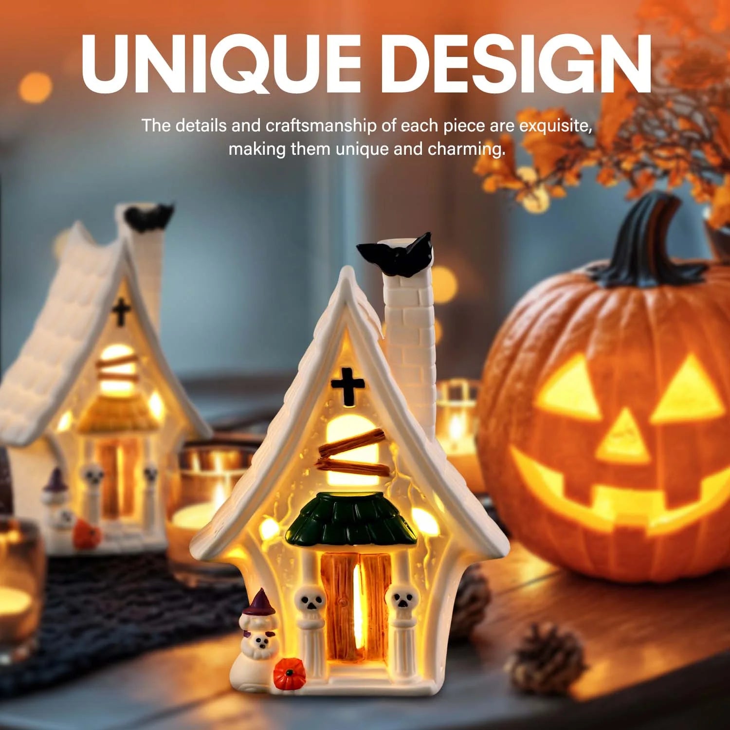 2 Pcs Halloween Village Houses, Haunted House Decor for Halloween Decorations Indoor, Light Up Halloween Village Sets